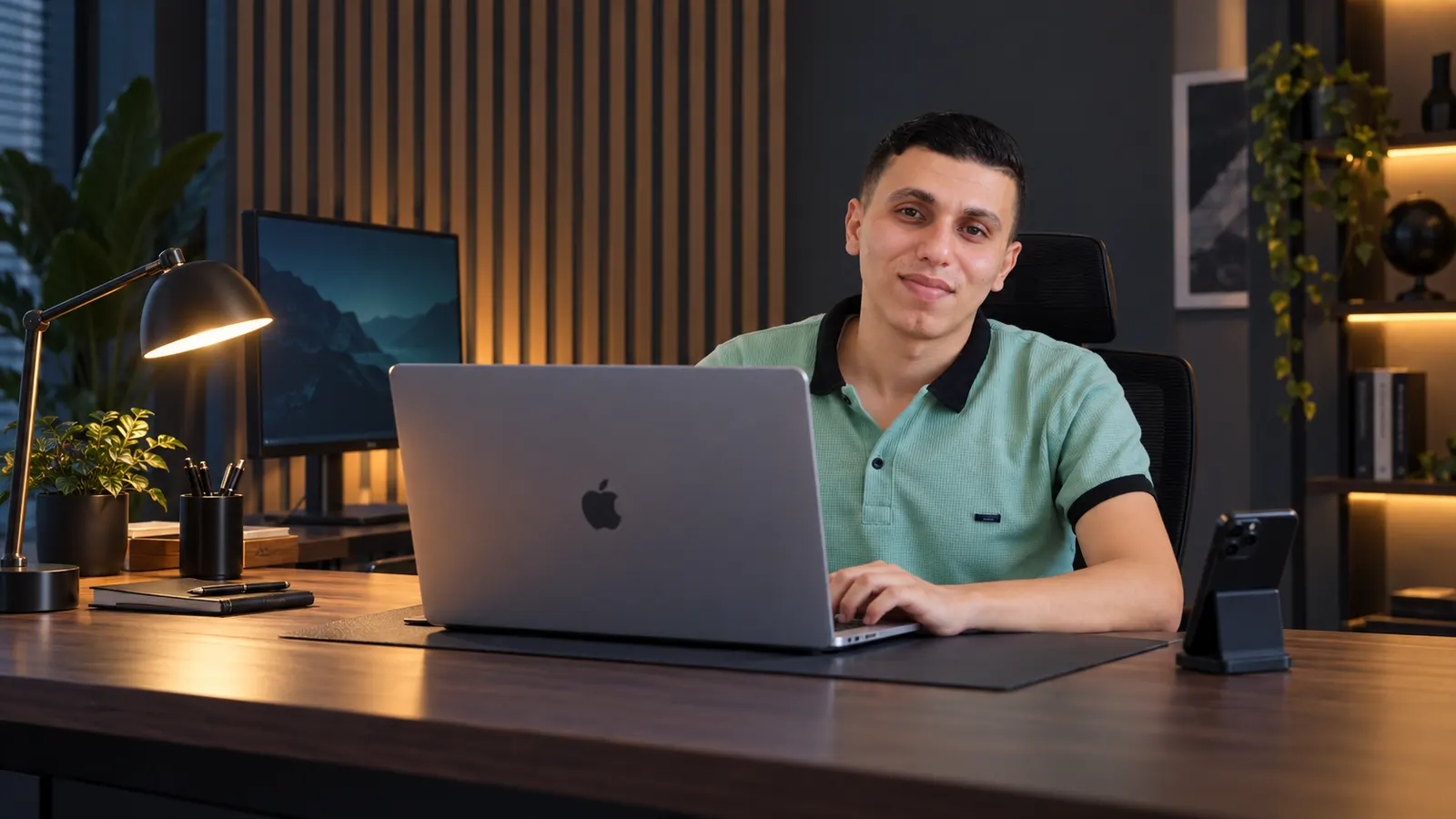 Amjad at his desk with a laptop, a desk lamp and a phone on a stand
